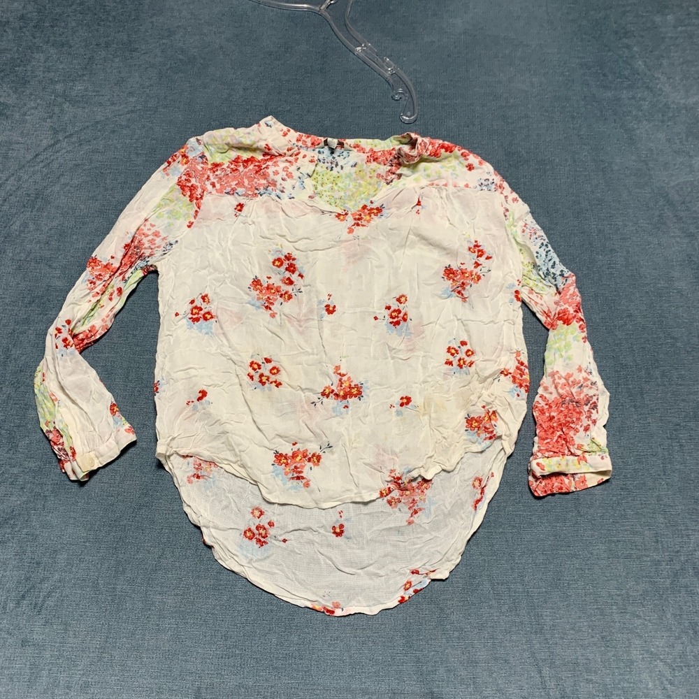 Lucky Brand Blouse Top Womens Medium Beige Ditsy Floral Long Sleeve High Low Hem